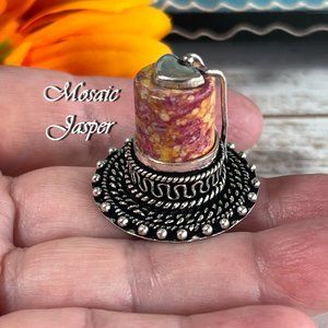 Mosaic Jasper Ring Large Handmade Gemstone Crystal 925 Silver Bohemian Ethnic